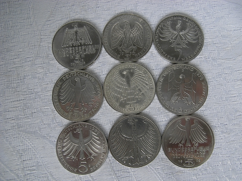 DEUTSCHLAND 9 x 5 DM GEDENKMÜNZE SILBER 625-ER